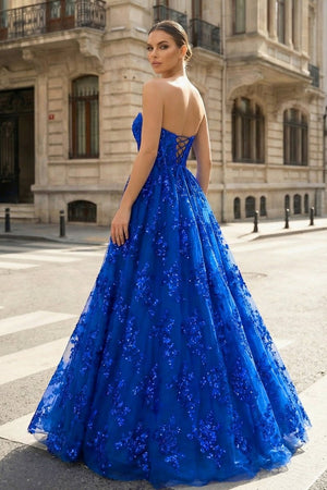 Royal Blue - A Line Strapless Pleating Long Prom Dress With Applique - KissProm