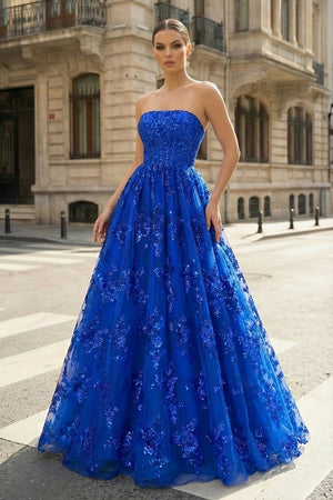 Royal Blue - A Line Strapless Pleating Long Prom Dress With Applique - KissProm