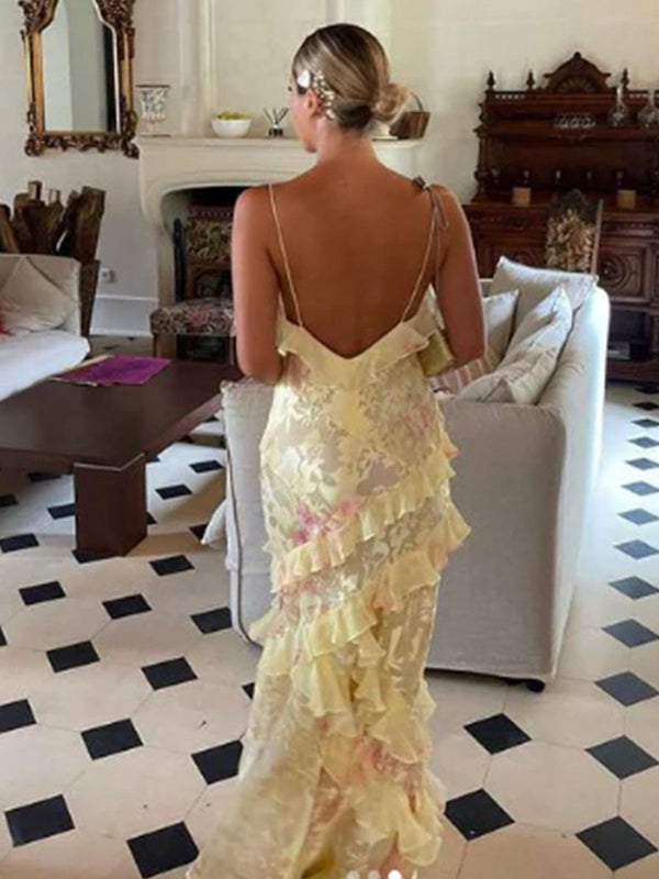Yellow Spaghetti Straps Mermaid Long Prom Dress with Ruffles – Prom Dresses by KissProm | Available at KissProm