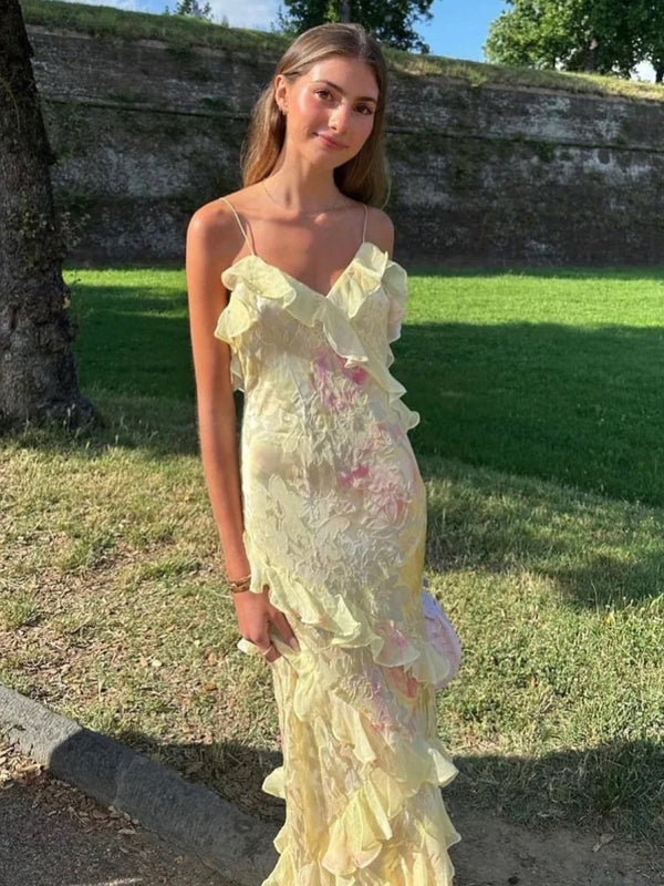 Yellow Spaghetti Straps Mermaid Long Prom Dress with Ruffles – Prom Dresses by KissProm | Available at KissProm