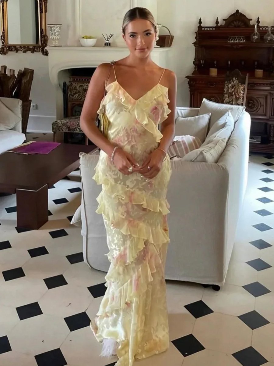 Yellow Spaghetti Straps Mermaid Long Prom Dress with Ruffles – Prom Dresses by KissProm | Available at KissProm