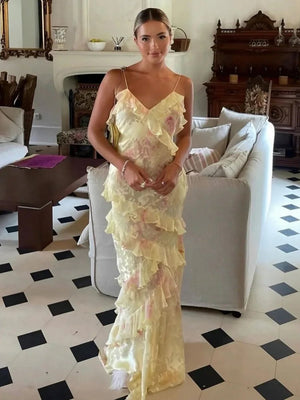 Yellow Spaghetti Straps Mermaid Long Prom Dress with Ruffles – Prom Dresses by KissProm | Available at KissProm