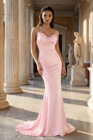 Pink Spaghetti Straps Satin Mermaid Prom Dress - KissProm